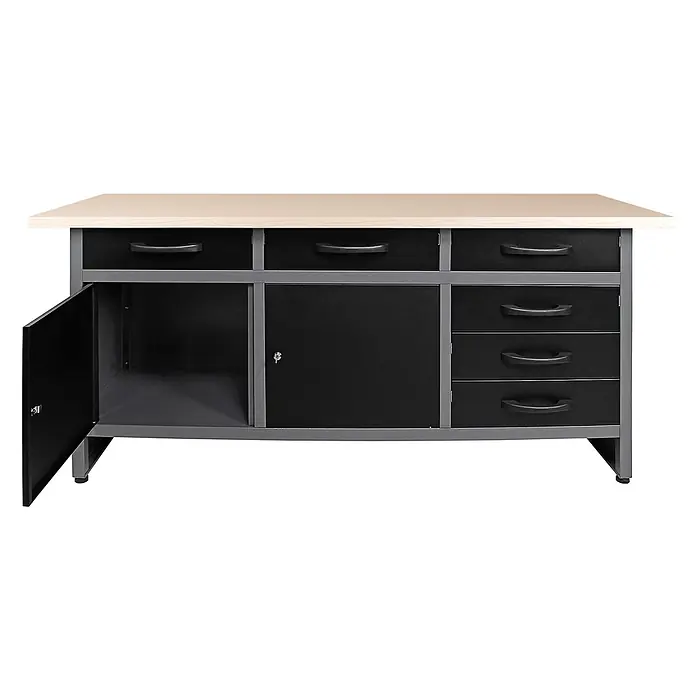 Ondis24 Werkbank-Set - L x B: 160 x 60 cm, Arbeitshöhe: 850 mm, Metall - Graue Metall-Werkbank mit heller Holzplatte, mehreren schwarzen Schubladen und Schränken, eine Schranktür offen.