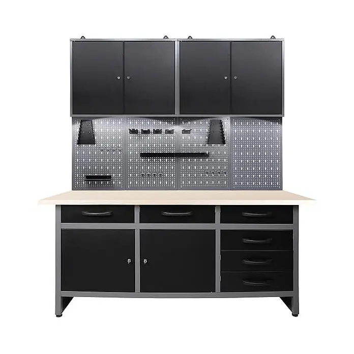 Ondis24 Werkbank-Set - L x B: 160 x 60 cm, Arbeitshöhe: 850 mm, Metall - Schwarz-graue Metallwerkbank mit heller Holzplatte, Overhead-Schränken, Lochwand und Unterschrank mit Schubladen und Türen.