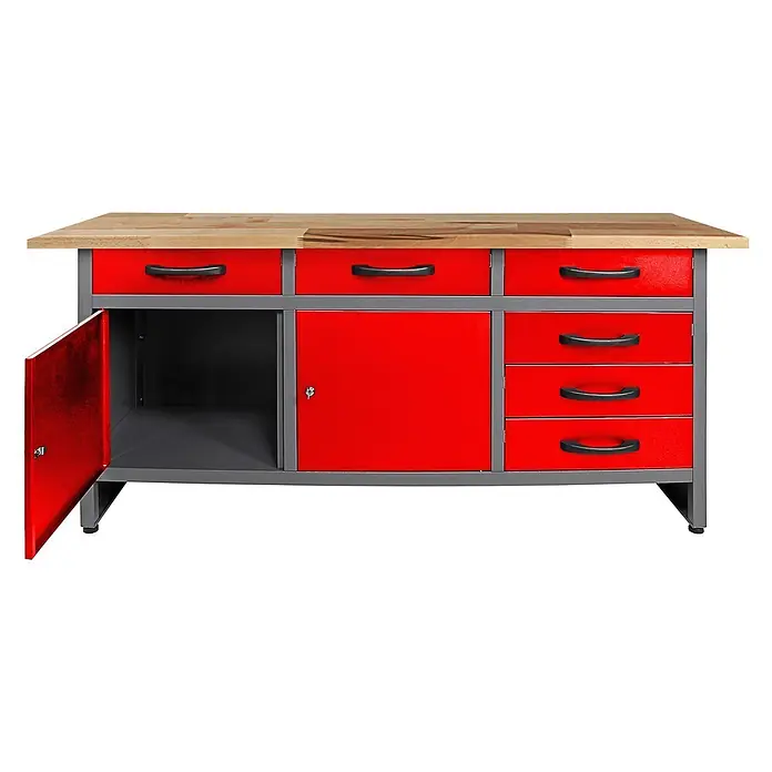 Ondis24 Werkbank-Set - L x B: 160 x 60 cm, Arbeitshöhe: 850 mm, Metall - Rot-graue Werkbank mit Holzplatte, mehreren Schubladen und Staufächern, eines offen.