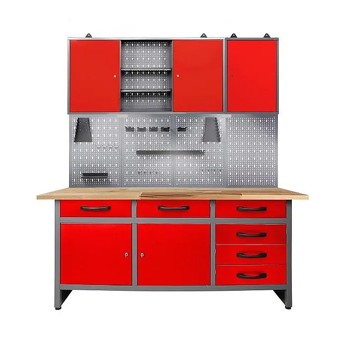 Ondis24 Werkbank-Set - L x B: 160 x 60 cm, Arbeitshöhe: 850 mm, Metall - Rot-graue Metall-Werkbank mit Holzplatte, mit Oberschränken, Lochwand und Unterschränken/Schubladen zur Werkstattaufbewahrung.