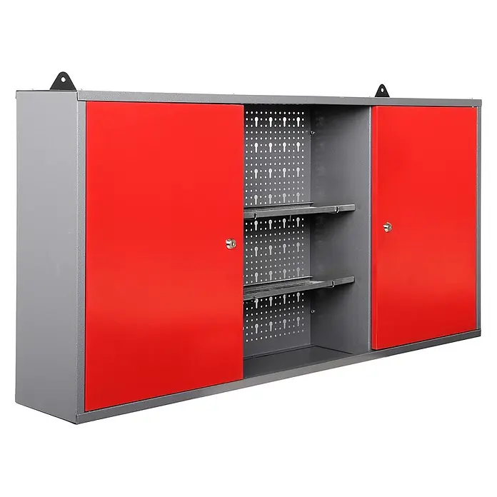 Ondis24 Werkbank-Set - L x B: 160 x 60 cm, Arbeitshöhe: 850 mm, Metall - Rot-grauer Metall-Wandschrank mit Schiebetüren, Lochwand und Fachböden, ideal für Werkstattlagerung.
