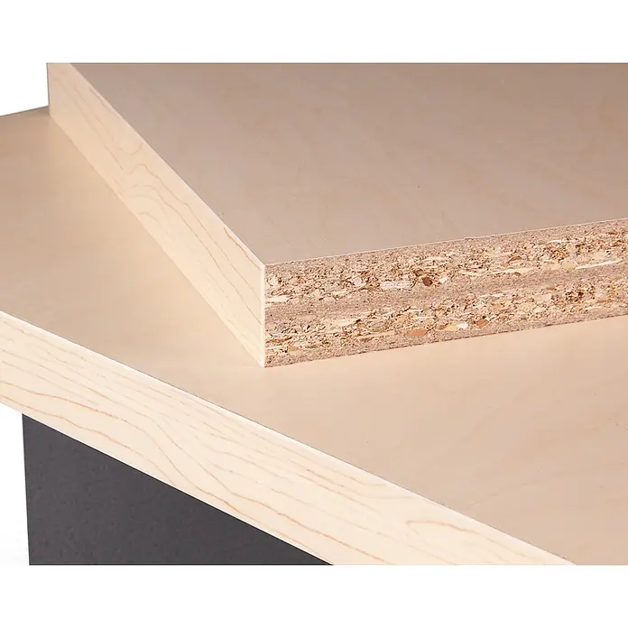 Ondis24 Werkbank-Set - L x B: 160 x 60 cm, Arbeitshöhe: 850 mm, Metall - Helle Holzspanplatte mit sichtbarer Schnittkante und Oberflächenfurnier.