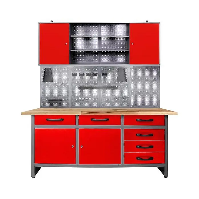 Ondis24 Werkbank-Set - L x B: 160 x 60 cm, Arbeitshöhe: 850 mm, Metall - Rot-graue Metall-Werkbank mit Holzplatte, Overhead-Schränken, Lochwand und mehreren Schubladen und Unterschränken.