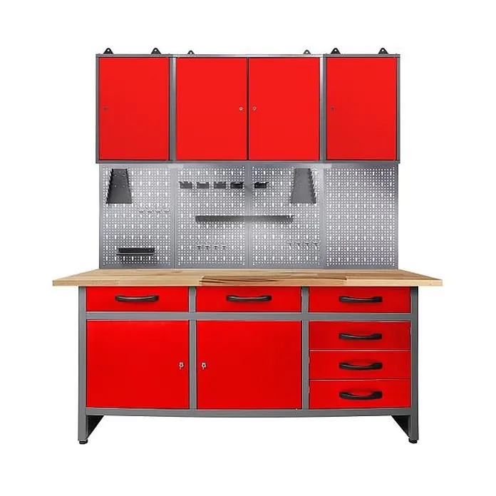 Ondis24 Werkbank-Set - L x B: 160 x 60 cm, Arbeitshöhe: 850 mm, Metall - Rote und graue Metallwerkbank mit Holzplatte, mit Oberschränken, Lochwand und Unterschränken mit Schubladen.