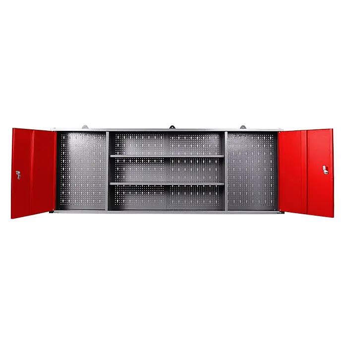 Ondis24 Werkbank-Set - L x B: 160 x 60 cm, Arbeitshöhe: 850 mm, Metall - Roter Metall-Wandschrank mit zwei offenen Türen, der graue Lochblech-Innenwände und zwei Regalböden zeigt.