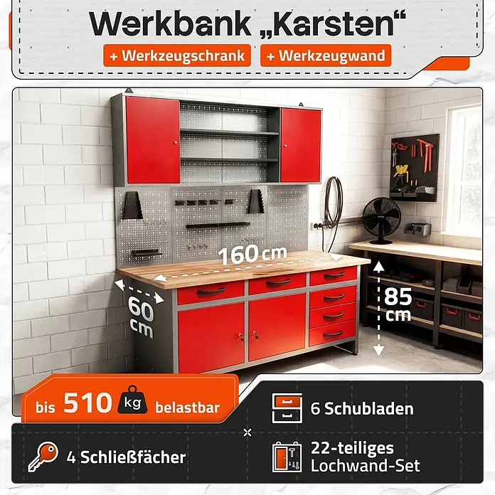 Ondis24 Werkbank-Set - L x B: 160 x 60 cm, Arbeitshöhe: 850 mm, Metall - Rote und graue Metall-Werkbank mit Holzplatte, integriertem Werkzeugschrank, Werkzeugwand, 6 Schubladen und 4 abschließbaren Fächern. Belastbar bis 510 kg.