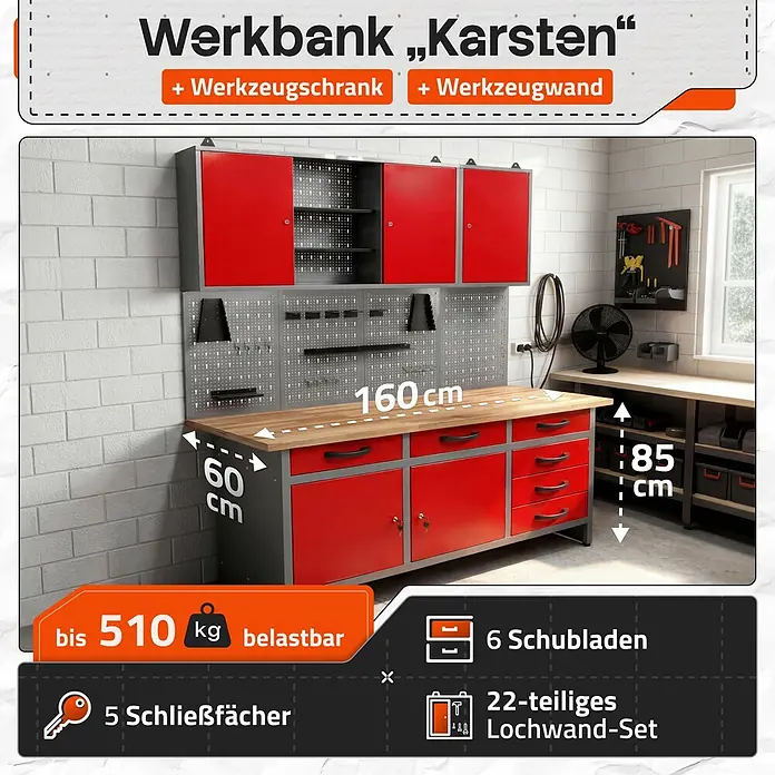 Ondis24 Werkbank-Set - L x B: 160 x 60 cm, Arbeitshöhe: 850 mm, Metall - Rot-graue Werkbank 'Karsten' mit Schranksystem: 6 Schubladen, 5 Schließfächer, 22-tlg Lochwand. 160x60x85 cm, 510 kg Traglast.
