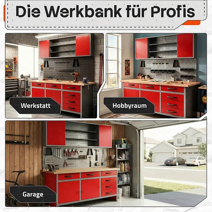 Ondis24 Werkbank-Set - L x B: 160 x 60 cm, Arbeitshöhe: 850 mm, Metall - Rotes und graues modulares Werkbank-System mit Holzplatte, gezeigt in Werkstatt, Hobbyraum und Garage.