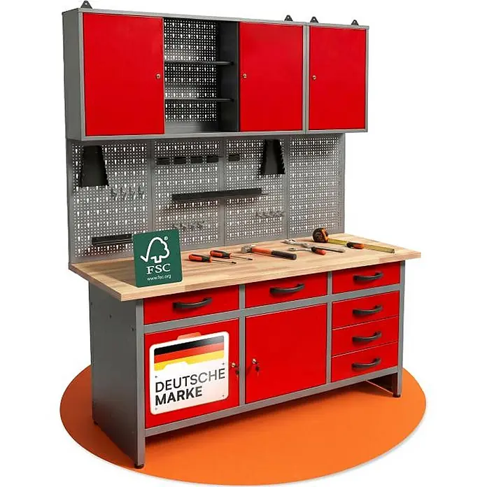 Ondis24 Werkbank-Set - L x B: 160 x 60 cm, Arbeitshöhe: 850 mm, Metall - Rote und graue modulare Werkbank mit Schränken, Lochwand, Schubladen, Holzplatte, Werkzeugen, FSC und Deutsche Marke Logos.