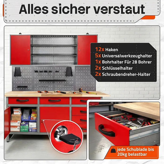 Ondis24 Werkbank-Set - L x B: 160 x 60 cm, Arbeitshöhe: 850 mm, Metall - Rote & graue Metall-Werkbank mit Lochwand, Regalen und mehreren abschließbaren Schubladen, gezeigt mit Werkzeugen.
