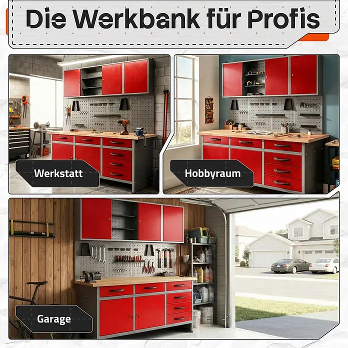 Ondis24 Werkbank-Set - L x B: 160 x 60 cm, Arbeitshöhe: 850 mm, Metall - Modulares rot-graues Werkbanksystem mit Holzplatte, gezeigt in Werkstatt, Hobbyraum und Garage.