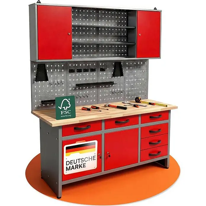 Ondis24 Werkbank-Set - L x B: 160 x 60 cm, Arbeitshöhe: 850 mm, Metall - Rote und graue Metall-Werkbank mit Holzplatte, Oberschrank, Lochwand und Schubladen, bestückt mit Werkzeugen.
