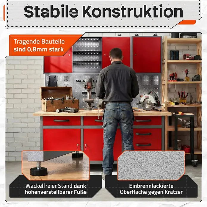 Ondis24 Werkbank-Set - L x B: 160 x 60 cm, Arbeitshöhe: 850 mm, Metall - Stabile Werkbank mit roten Schränken und Schubladen, 0,8mm Stahl, höhenverstellbare Füße, kratzfeste Oberfläche. Ein Mann arbeitet daran.
