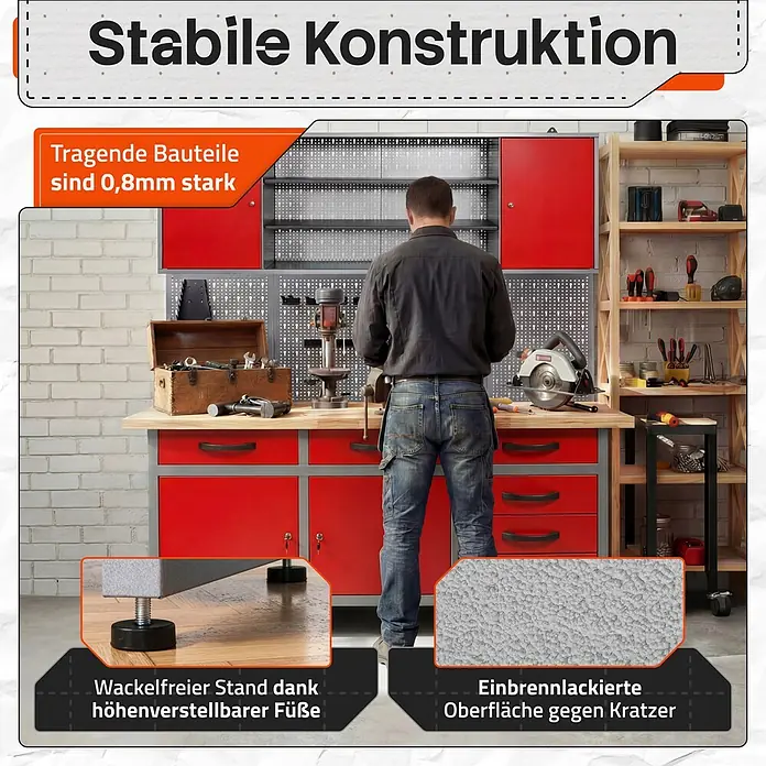 Ondis24 Werkbank-Set - L x B: 160 x 60 cm, Arbeitshöhe: 850 mm, Metall - Robuste rote Werkbank mit 0,8mm dicken Teilen, verstellbaren Füßen und kratzfester Einbrennlackierung, von einem Mann genutzt.
