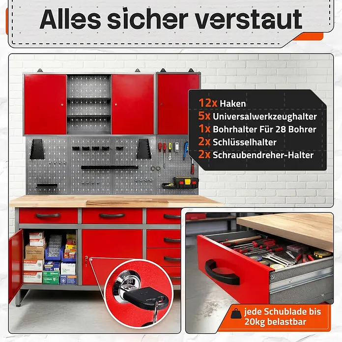 Ondis24 Werkbank-Set - L x B: 160 x 60 cm, Arbeitshöhe: 850 mm, Metall - Rot-graue Werkbank mit Holzplatte, Lochwand, abschließbaren Schränken und Schubladen für die Werkzeugorganisation. Schubladen bis 20kg belastbar.