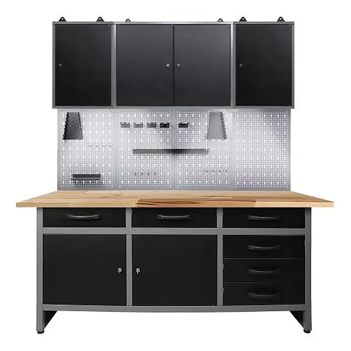 Ondis24 Werkbank-Set - L x B: 160 x 60 cm, Arbeitshöhe: 850 mm, Metall - Schwarze & graue Metallwerkbank mit Holzplatte, Hängeschränken, Schubladen und Lochwand für Werkstattlagerung.