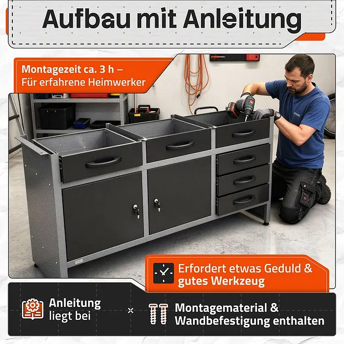 Ondis24 Werkbank-Set - L x B: 160 x 60 cm, Arbeitshöhe: 850 mm, Metall - Dunkelgrauer Metall-Werkstattschrank, der von einem Mann mit Bohrmaschine zusammengebaut wird, zeigt modulare Schubladen und Türen.