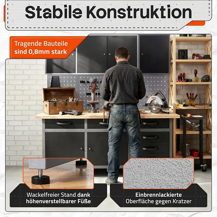 Ondis24 Werkbank-Set - L x B: 160 x 60 cm, Arbeitshöhe: 850 mm, Metall - Stabile Werkbank mit 0,8mm starken Bauteilen, höhenverstellbaren Füßen und kratzfester Einbrennlackierung.