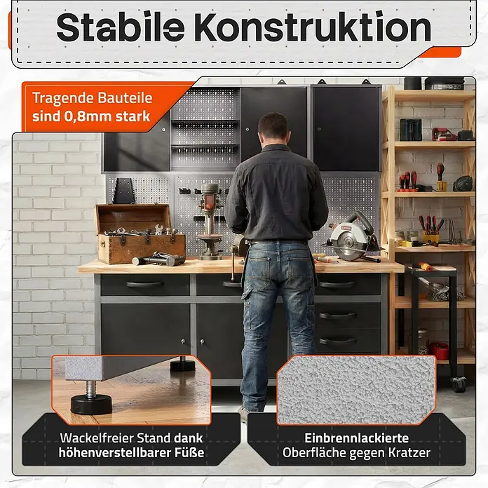 Ondis24 Werkbank-Set - L x B: 160 x 60 cm, Arbeitshöhe: 850 mm, Metall - Stabile Werkbank mit 0,8 mm starken tragenden Bauteilen, höhenverstellbaren Füßen und kratzfester Einbrennlackoberfläche.