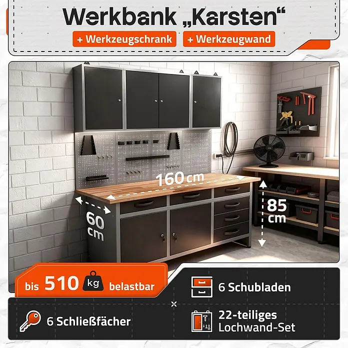 Ondis24 Werkbank-Set - L x B: 160 x 60 cm, Arbeitshöhe: 850 mm, Metall - Dunkelgraues Werkbanksystem mit Holzplatte, Schränken, Schubladen, Werkzeugwand, 160x60x85 cm, 510 kg Tragkraft.