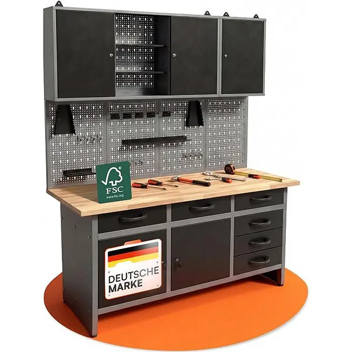 Ondis24 Werkbank-Set - L x B: 160 x 60 cm, Arbeitshöhe: 850 mm, Metall - Dunkelgraue Metallwerkbank mit Holzplatte, Oberschränken, Lochwand und Unterschränken mit Schubladen und Türen, Werkzeuge liegen bereit.