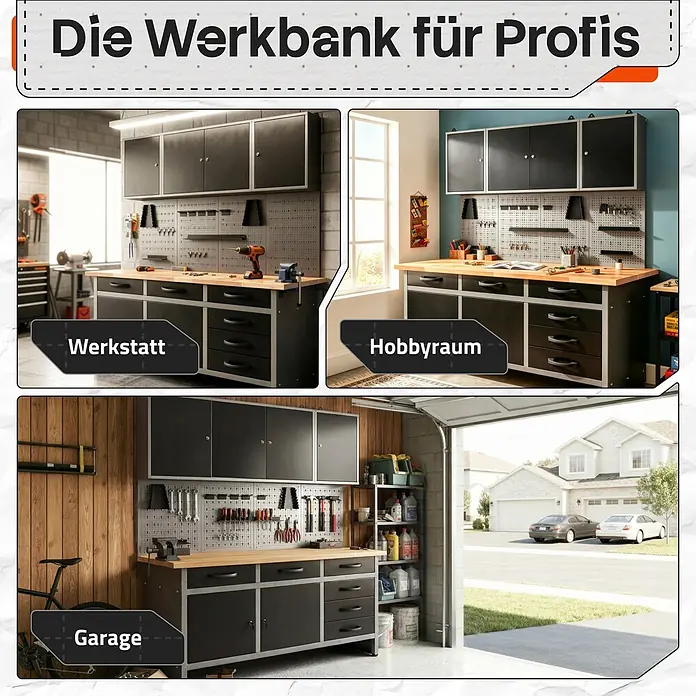Ondis24 Werkbank-Set - L x B: 160 x 60 cm, Arbeitshöhe: 850 mm, Metall - Modulares Werkbanksystem mit dunklen Schränken und Holzplatte für Werkstatt, Hobbyraum, Garage.