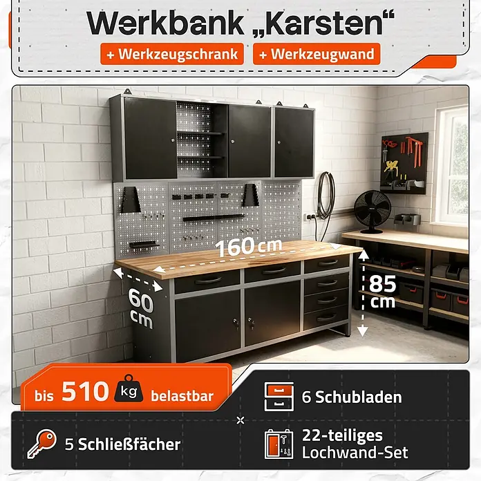 Ondis24 Werkbank-Set - L x B: 160 x 60 cm, Arbeitshöhe: 850 mm, Metall - Dunkelgraue Metall-Werkbank mit Holzplatte, integriertem Werkzeugschrank, Schubladen und Werkzeugwand für organisierte Werkstattlagerung.