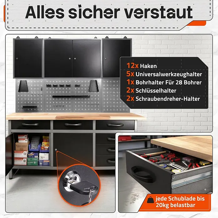 Ondis24 Werkbank-Set - L x B: 160 x 60 cm, Arbeitshöhe: 850 mm, Metall - Schwarze Metall-Werkbank mit Holzplatte, Schränken, Lochwand und abschließbaren Schubladen. Schubladen bis 20kg.