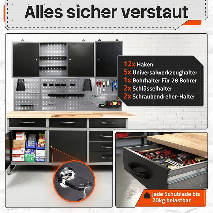 Ondis24 Werkbank-Set - L x B: 160 x 60 cm, Arbeitshöhe: 850 mm, Metall - Graues und schwarzes Metall-Werkstattschranksystem mit Holz-Arbeitsplatte, Lochwänden, abschließbaren Schränken und Schubladen. Schubladen bis 20kg belastbar.