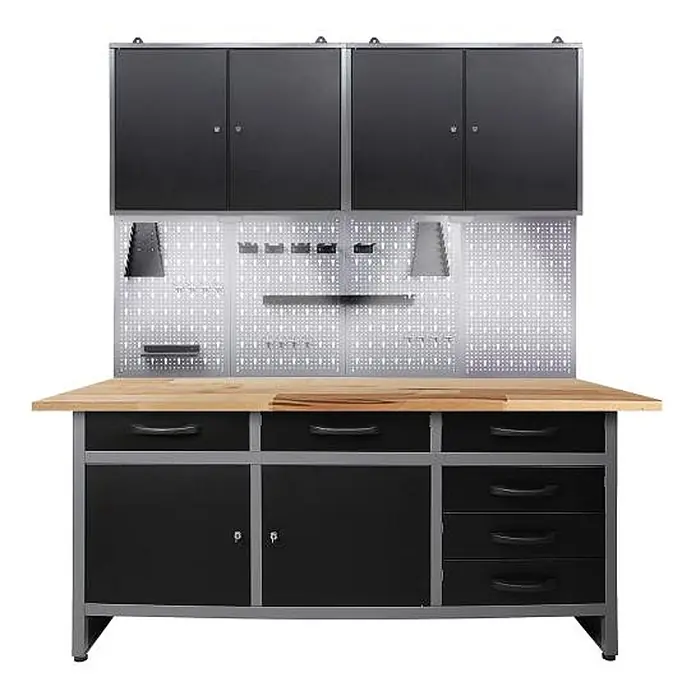 Ondis24 Werkbank-Set - L x B: 160 x 60 cm, Arbeitshöhe: 850 mm, Metall - Eine schwarz-graue Metallwerkbank mit Holzplatte, Oberschränken, mehreren Schubladen und einer Lochwand zur Werkzeugorganisation.