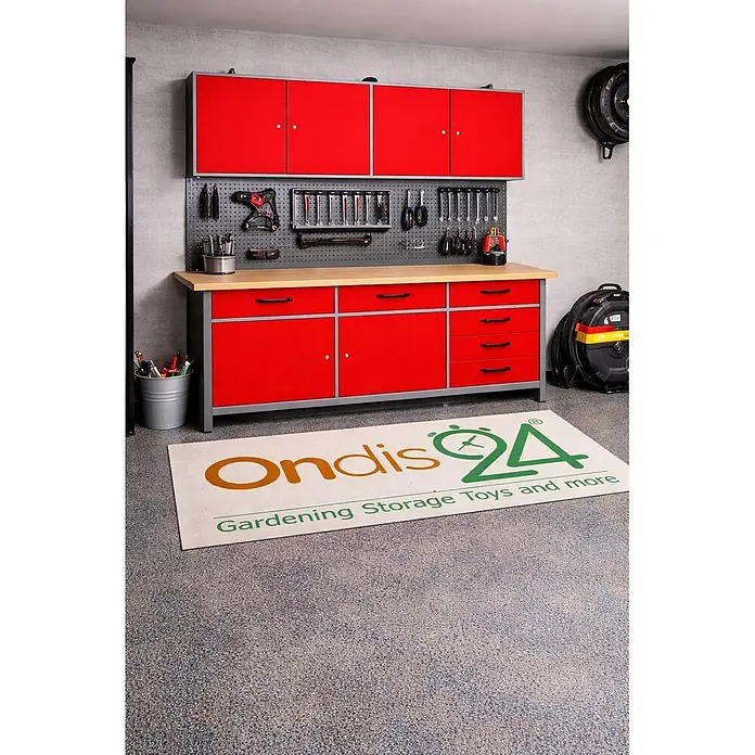 Ondis24 Werkbank-Set - L x B: 160 x 60 cm, Arbeitshöhe: 850 mm, Metall - Rotes und graues Metall-Garagenwerkstattsystem mit Oberschränken, Holzplatte und Lochwandlagerung.