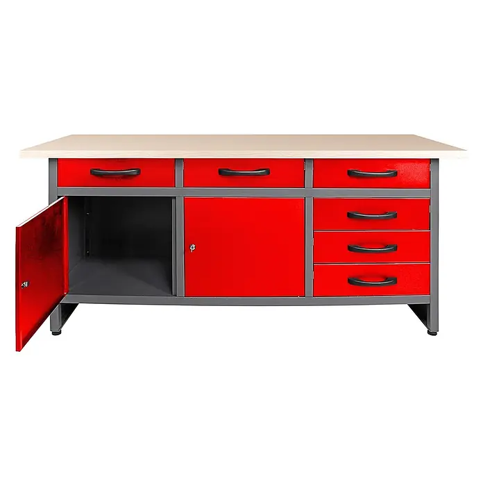 Ondis24 Werkbank-Set - L x B: 160 x 60 cm, Arbeitshöhe: 850 mm, Metall - Rot-graue Metall-Werkbank mit heller Holzplatte, mehreren Schubladen und Schränken, eine Schranktür offen.