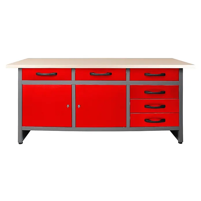 Ondis24 Werkbank-Set - L x B: 160 x 60 cm, Arbeitshöhe: 850 mm, Metall - Rote Metallwerkbank mit heller Holzplatte, mehreren Schubladen und zwei abschließbaren Schränken zur Aufbewahrung.