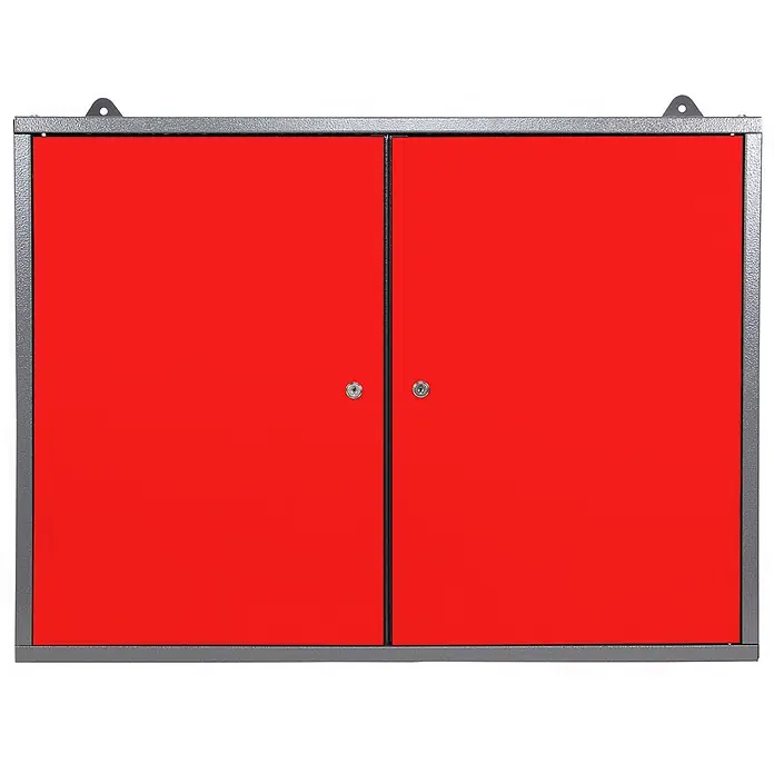 Ondis24 Werkbank-Set - L x B: 160 x 60 cm, Arbeitshöhe: 850 mm, Metall - Roter Metall-Hängeschrank mit zwei Türen und zwei Schlössern, grau gerahmt.