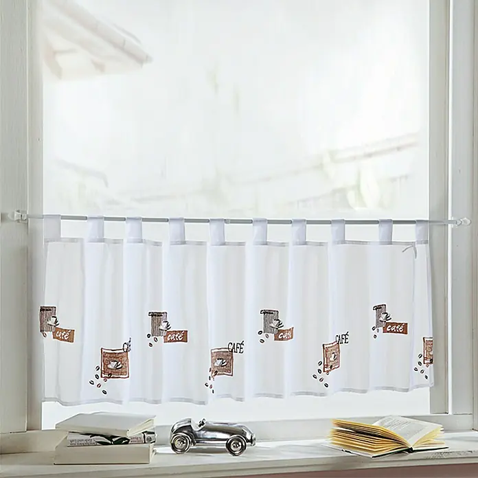 Elbersdrucke Cafehaus-Gardine Café - 140 x 48 cm, 100 % Polyester, Braun/Weiß - Fensterbehang mit Café-Motiv, der eine gemütliche Atmosphäre schafft und das Fenster dekorativ schmückt.