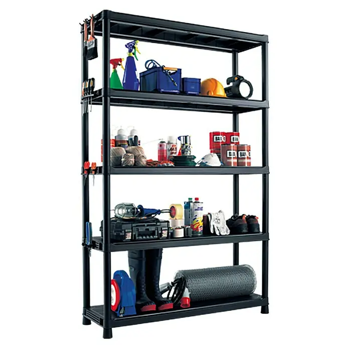 Regalux Estantería de plástico XL - Al x An x Pr: 187 x 120 x 40 cm, Capacidad de carga por balda: 70 kg, Número de baldas: 5 ud., Inserción, Negro - Estantería de almacenamiento con cinco estantes. En los estantes hay varias herramientas, pinturas, cubos y otros objetos.