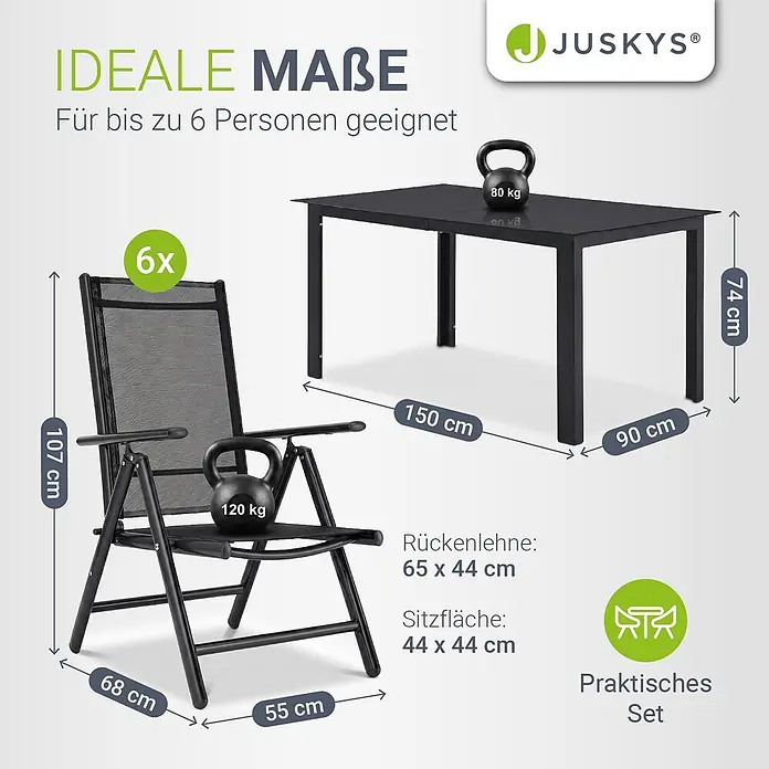 Juskys Gartentisch-Set Milano - L x B x H: 90 x 150 x 75 cm, Gestell: Pulverbeschichtetes Aluminium; Geflecht: Textilgewebe (100% Polyester, PVC-ummantelt); Tischplatten: 5mm Sicherheitsglas - Schwarzes Terrassen-Essgruppe mit rechteckigem Tisch und Klappstuhl, für bis zu 6 Personen geeignet, mit Abmessungen und Gewichtskapazitäten.