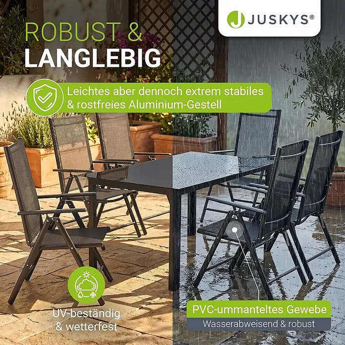 Juskys Gartentisch-Set Milano - L x B x H: 90 x 150 x 75 cm, Gestell: Pulverbeschichtetes Aluminium; Geflecht: Textilgewebe (100% Polyester, PVC-ummantelt); Tischplatten: 5mm Sicherheitsglas - Dunkles Gartenmöbel-Set aus Aluminium und PVC-Gewebe, robust, UV-beständig und wasserabweisend, gezeigt bei Sonne und Regen.