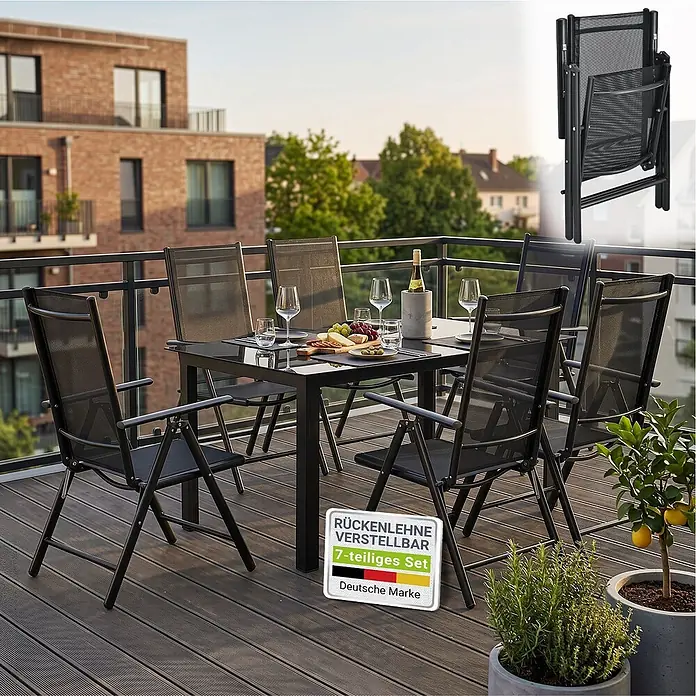 Juskys Gartentisch-Set Milano - L x B x H: 90 x 150 x 75 cm, Gestell: Pulverbeschichtetes Aluminium; Geflecht: Textilgewebe (100% Polyester, PVC-ummantelt); Tischplatten: 5mm Sicherheitsglas - Schwarzes 7-teiliges Gartenmöbel-Set: Tisch & 6 klappbare Stühle mit verstellbaren Rückenlehnen, auf Balkon.