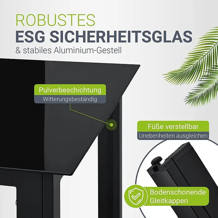 Juskys Gartentisch-Set Milano - L x B x H: 90 x 150 x 75 cm, Gestell: Pulverbeschichtetes Aluminium; Geflecht: Textilgewebe (100% Polyester, PVC-ummantelt); Tischplatten: 5mm Sicherheitsglas - Detailansicht eines schwarzen Outdoor-Tisches mit ESG-Sicherheitsglasplatte, pulverbeschichtetem Aluminiumgestell, verstellbaren Füßen und Bodenschonern.