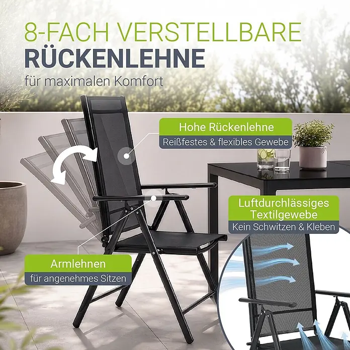Juskys Gartentisch-Set Milano - L x B x H: 90 x 150 x 75 cm, Gestell: Pulverbeschichtetes Aluminium; Geflecht: Textilgewebe (100% Polyester, PVC-ummantelt); Tischplatten: 5mm Sicherheitsglas - Schwarzer Gartenliegestuhl mit 8-fach verstellbarer Rückenlehne, hoher Rückenlehne, Armlehnen und atmungsaktivem Textilgewebe für Komfort.
