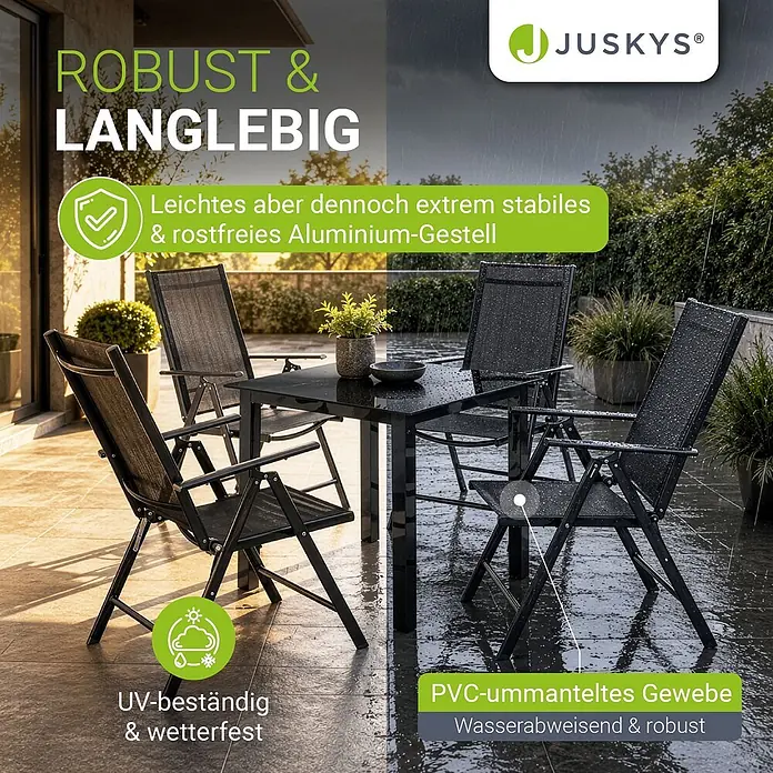 Juskys Gartentisch-Set Milano - L x B x H: 80 x 80 x 74 cm, Gestell: Pulverbeschichtetes Aluminium; Geflecht: Textilgewebe (100% Polyester, PVC-ummantelt); Tischplatten: 5mm Sicherheitsglas - Schwarzes Aluminium-Gartenset mit Klappstühlen und PVC-Gewebe, UV-beständig und wetterfest.