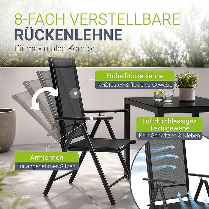 Juskys Gartentisch-Set Milano - L x B x H: 80 x 80 x 74 cm, Gestell: Pulverbeschichtetes Aluminium; Geflecht: Textilgewebe (100% Polyester, PVC-ummantelt); Tischplatten: 5mm Sicherheitsglas - Schwarzer Gartenstuhl mit 8-fach verstellbarer Rückenlehne, Armlehnen und atmungsaktivem Textilgewebe auf einem Balkon.