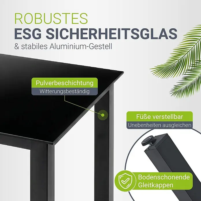 Juskys Gartentisch-Set Milano - L x B x H: 80 x 80 x 74 cm, Gestell: Pulverbeschichtetes Aluminium; Geflecht: Textilgewebe (100% Polyester, PVC-ummantelt); Tischplatten: 5mm Sicherheitsglas - Schwarzer Gartentisch mit robuster ESG-Sicherheitsglasplatte und stabilem Aluminiumgestell, mit verstellbaren Füßen.