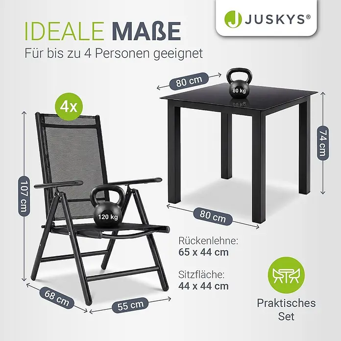 Juskys Gartentisch-Set Milano - L x B x H: 80 x 80 x 74 cm, Gestell: Pulverbeschichtetes Aluminium; Geflecht: Textilgewebe (100% Polyester, PVC-ummantelt); Tischplatten: 5mm Sicherheitsglas - Schwarzes Gartenmöbel-Set mit quadratischem Tisch und vier Klappstühlen.