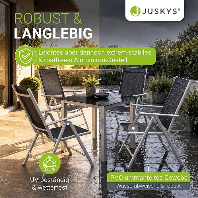 Juskys Gartentisch-Set Milano - L x B x H: 80 x 80 x 74 cm, Gestell: Pulverbeschichtetes Aluminium; Geflecht: Textilgewebe (100% Polyester, PVC-ummantelt); Tischplatten: 5mm Sicherheitsglas - Grau-schwarzes Outdoor-Essset aus Aluminium und PVC-Gewebe, mit Tisch und vier Klappstühlen, auf regnerischer Terrasse dargestellt.