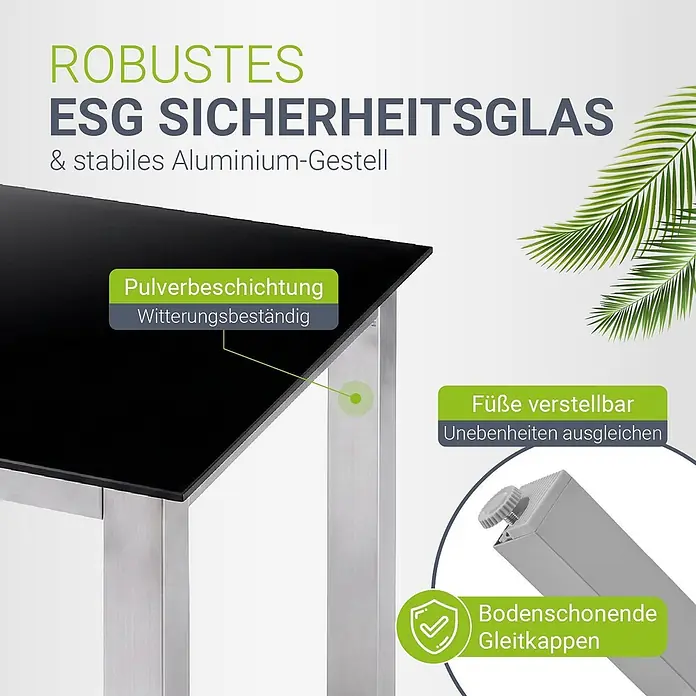 Juskys Gartentisch-Set Milano - L x B x H: 80 x 80 x 74 cm, Gestell: Pulverbeschichtetes Aluminium; Geflecht: Textilgewebe (100% Polyester, PVC-ummantelt); Tischplatten: 5mm Sicherheitsglas - Tisch mit schwarzer Glasplatte und stabilem Aluminiumrahmen, wetterbeständiger Pulverbeschichtung, verstellbaren Füßen und bodenschonenden Gleitkappen.