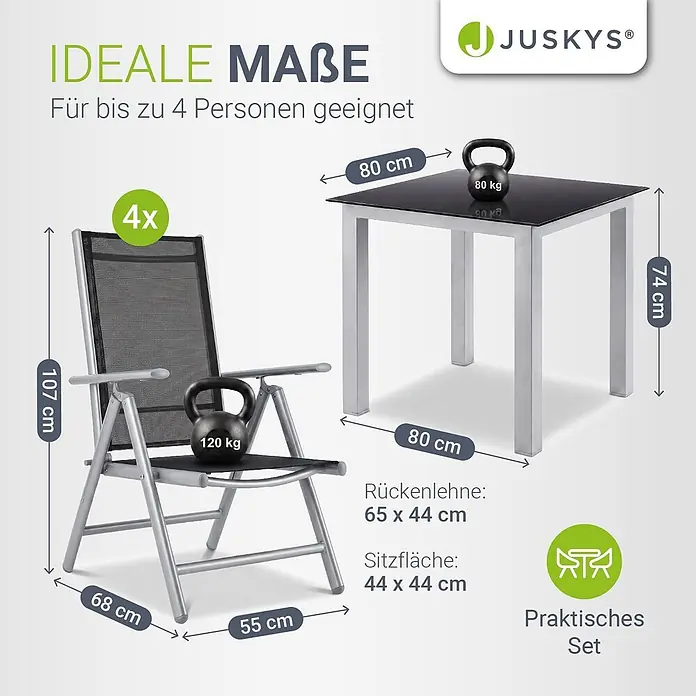 Juskys Gartentisch-Set Milano - L x B x H: 80 x 80 x 74 cm, Gestell: Pulverbeschichtetes Aluminium; Geflecht: Textilgewebe (100% Polyester, PVC-ummantelt); Tischplatten: 5mm Sicherheitsglas - Garten-Essgruppe: silberfarbener Tisch mit dunkler Glasplatte und vier passende Stühle mit dunklem Netzstoff.