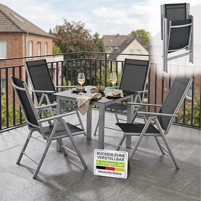 Juskys Gartentisch-Set Milano - L x B x H: 80 x 80 x 74 cm, Gestell: Pulverbeschichtetes Aluminium; Geflecht: Textilgewebe (100% Polyester, PVC-ummantelt); Tischplatten: 5mm Sicherheitsglas - 5-teiliges Balkonset: schwarze, verstellbare Klappstühle mit Stoffbezug und Glastisch.