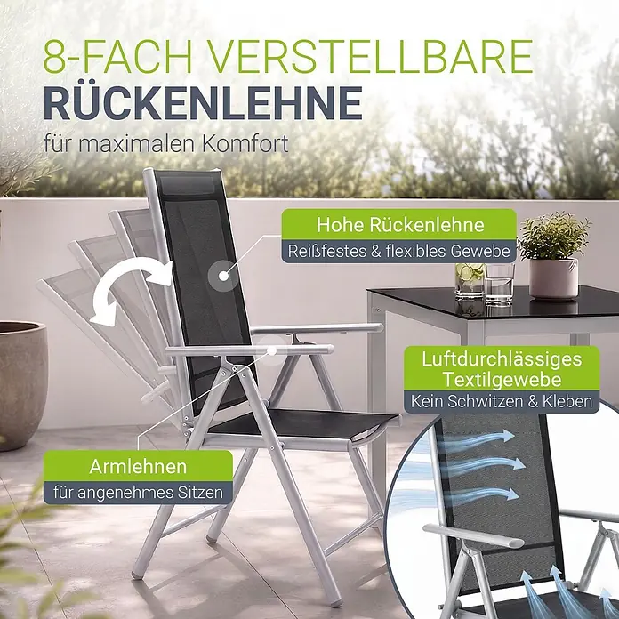 Juskys Gartentisch-Set Milano - L x B x H: 80 x 80 x 74 cm, Gestell: Pulverbeschichtetes Aluminium; Geflecht: Textilgewebe (100% Polyester, PVC-ummantelt); Tischplatten: 5mm Sicherheitsglas - Grauer Gartenstuhl mit schwarzer verstellbarer, atmungsaktiver Textilrückenlehne und Armlehnen, auf einer Terrasse.